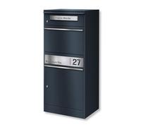Metzler cassetta postale pacchi con doppio vano lettere e pacchi acciaio inox incisione personalizzata RAL7016 grigio antracite resistente intemperie design moderno 10 anni ricambi