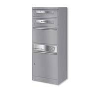 Metzler cassetta postale pacchi doppia acciaio inox alluminio grigio RAL 9007 con feritoie indipendenti e vano pacchi grande capacità resistente intemperie installazione parete pavimento incisione per