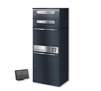 Metzler cassetta postale pacchi doppia unità con illuminazione LED solare e incisione personalizzata acciaio inox RAL 7016 grigio antracite resistente intemperie design moderno 10 anni ricambi Metzler