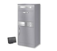 Metzler cassetta postale pacchi esterna acciaio inox con luce LED solare e incisione personalizzata grigio alluminio RAL 9007 ampia capacità impermeabile serratura sicura montaggio a muro o pavimento
