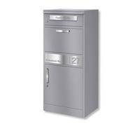 Metzler cassetta postale pacchi esterno acciaio inox alluminio grigio RAL 9007 doppio vano lettere e pacchi con serratura incisione personalizzata resistente intemperie design moderno 10 anni ricambi