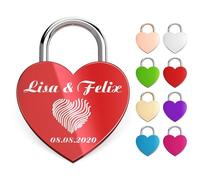 Metzler Lucchetto a cuore con incisione e chiave a cuore rosso - personalizzato con nome e data - Lucchetto dell'amore in metallo resistente alle intemperie con sacchetto di velluto - Regalo romantico
