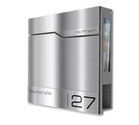 Metzler Siebert SF - Cassetta delle lettere con finestrella e scomparto per giornali, corpo in acciaio INOX spazzolato, personalizzabile con targhetta in acciaio inox, impermeabile con finestra