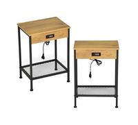 MEUBLE COSY Set di 2 Comodino con Stazione di Ricarica USB Integrata Tavolino da caffè Industriale con Ripiano Portaoggetti per Soggiorno Camera da Letto Salotto Divano,Marrone Chiaro, 38x28x52cm