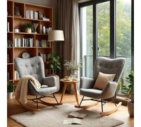 MEUBLE COSY Set di 2 Sedia a Dondolo Confortevole Poltrona Relax Imbottita in Tessuto con Gambe in Legno e Metallo per Soggiorno, Decorazione con Bottoni