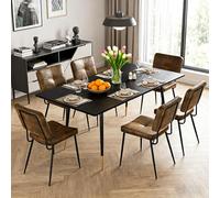 MEUBLE COSY Set di Mobili per Sala da Pranzo da 7 Pezzi con 1 Tavolo Allungabile e 6 Sedie in Pelle Scamosciata, Struttura in Acciaio per Cucina e Soggiorno, Nero + Oro + Marrone