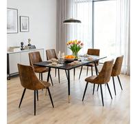 MEUBLE COSY Set di Mobili per Sala da Pranzo da 7 Pezzi con 1 Tavolo Allungabile e 6 Sedie in Pelle Scamosciata, Struttura in Acciaio per Cucina e Soggiorno, Nero + Oro + Marrone