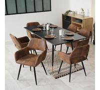 MEUBLE COSY Set di Mobili per Sala da Pranzo da 7 Pezzi con 1 Tavolo Allungabile e 6 Sedie in Pelle Scamosciata, Struttura in Acciaio per Cucina e Soggiorno, Nero + Oro + Marrone