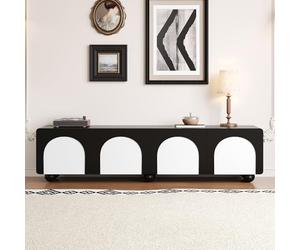 Meuble TV noir et blanc 180 cm pour TV jusqu'à 80" ec façade arquée et 2 tiroirs - Design moderno - Noir mat - Pieds sfériques - Meuble TV stable pour salon