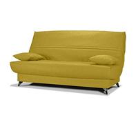 Meubletmoi Harold - Panca letto a clic clac 130 x 190 cm, con rivestimento in tessuto giallo, materasso Bultex® spessore 14 cm, piedi in metallo e 2 cuscini decorativi