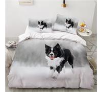MEVASA Border Collie - Set di biancheria da letto in microfibra per adolescenti, grigio 3D, per letto matrimoniale piccolo, set copripiumino anallergico con cerniera, 200 x 200 cm