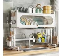 MEVZHH Drainatori Di Piatti, Supportor L'Asciugatura Di Piatti con Coperchio in Altezza Regolabile 27/29-31/33 Pollici Supportor L'Asciugatura Di Piatti con Lavandino/Versi Breve Bianca/87 Cm/34 Polli