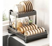 MEVZHH Portapiatti, Portapiatti in Acciaio Inossidabile a 2/3 Livelli con Scarico Tavola da Taglio Pieghevole Rack Cucina Lavabo Organizzatore Countertopr Oversink/Arma Grigio Telaio Nudo/11 * 16 * 11