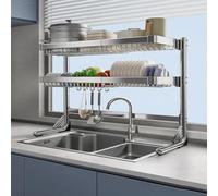 MEVZHH Rackr Piatti, Escurridor De Platos Para Fregadero Rackr Stoccaggio Piatti Multifunzirisparmiatore Di Spazio Rackr Drenaggio Piatti Laterali Espandibili/Argento/Telaio Nudo a Doppio Strato