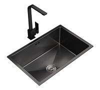 MEVZHH Rubinetti da Cucina, Lavandino da Cucina, Lavandino Singolo Fatto a Mano in Acciaio Inossidabile Nero, Lavandino Rettangolare Sotto il Banco, Rubinetto Quadrato ad Acqua Calda Eda/Nero/60 * 45