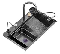 MEVZHH Rubinetti,Lavabo in Acciaio Inossidabile Nero con Rubinetto Cascata - Lavabo Singolo, Tutti Gli Accessori Inclusi - Set Lavandino da Cucina/80 * 45 * 22 cm