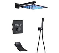 MEVZHH Rubinetti,Rubinetto Doccia da Bagno Termostatico Nero, Testa Doccia a Pioggia con Doccia a Mano, Rubinetto Miscelatore Vasca da Bagno Montato a Parete, Set Doccia da Bagno a Cascata