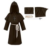 mewjoy Abbigliamento medievale per bambini, per il Rinascimento, con cappuccio, per fratello, per bambini, costume da sacerdote, Halloween, carnevale, feste, cosplay, set marrone, XL
