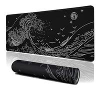 MEWOOCUE Tappetino per mouse nero per computer portatile, motivo onde marine, impermeabile e antiscivolo, 80 x 30 cm, spessore 3 mm, tappetino in gomma XXL, tappetino per mouse Kanagawa Surf e
