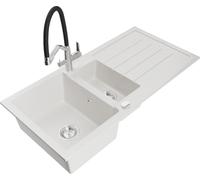 Mexen Andres - Lavello da cucina in granito, 1,5 scomparti, con ripiano e miscelatore doppio, colore: bianco