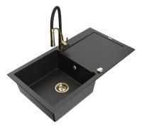 Mexen Leo lavello in granito a 1 vasca con scolapiatti e rubinetto da cucina Aster, nero/oro metallizzato - 6501-75-73450-57-G 18542 5905315042781