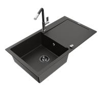 Mexen Leo lavello in granito a 1 vasca con scolapiatti e rubinetto da cucina Flora, nero/oro metallizzato - 6501-75-670401-07-B 19753 5905315056252