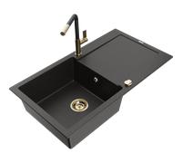 Mexen Leo lavello in granito a 1 vasca con sgocciolatoio e rubinetto cucina Flora, nero/oro metallizzato - 6501-75-670401-57-G 19754 5905315056269