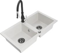 Mexen Mario - Lavello a 2 lavelli in granito con rubinetto da cucina Savita, bianco