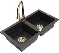 Mexen Mario - Lavello in granito a 2 camere con rubinetto da cucina Elia, nero/argento metallizzato