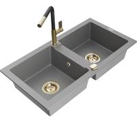 Mexen Mario - Lavello in granito a 2 camere con rubinetto da cucina Flora, grigio