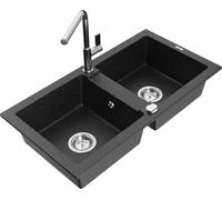 Mexen Mario - Lavello in granito a 2 camere con rubinetto da cucina Flora, nero/argento metallizzato
