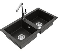 Mexen Mario - Lavello in granito a 2 piani con rubinetto da cucina Flora, nero/oro metallizzato