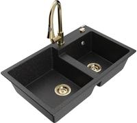 Mexen Tomas - Lavello in granito a 2 lavelli con rubinetto da cucina Elia, nero/argento metallizzato