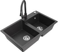 Mexen Tomas - Lavello in granito a 2 vasche con rubinetto da cucina Elia, nero screziato