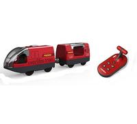 Mexgcom Acsatont Giocattolo elettrico a forma di treno,compatibile con Thomas,Brio,ferrovia Locomotiva elettrica Treno ferroviario in legno (collegamento magnetico), con 4 effetti sonori (Rosso)
