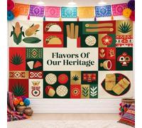 Mexican Culinary Heritage Theme Tacos sfondo banner 180,3 x 109,2 cm | Icone culinarie messicane, sfondo fotografico, motivo a griglia vivace, grafica di ispirazione popolare