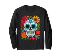 Mexican Folk Art Sugar Skull con Rose e Girasoli Maglia a Manica
