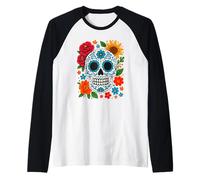 Mexican Folk Art Sugar Skull con Rose e Girasoli Maglia con Maniche Raglan