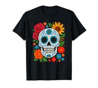 Mexican Folk Art Sugar Skull con Rose e Girasoli Maglietta