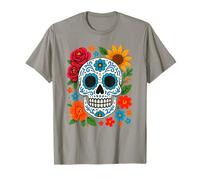 Mexican Folk Art Sugar Skull con Rose e Girasoli Maglietta