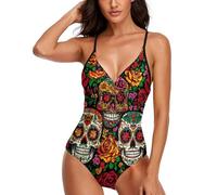 Mexican Sugar Skulls and Roses - Costume da bagno intero da donna, con scollo a V e allacciatura sul retro, Stile-9-10, M