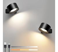 Mexllex Lampada da parete per interni, lampada da parete con ricarica USB a batteria, 3 colori e 3 livelli di luminosità Luce da parete 360° rotante Touch Control Luci da parete senza fili