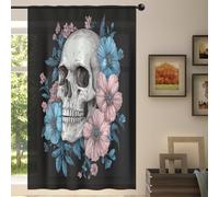 Mexpekil 1 pannello di tenda trasparente con motivo floreale con teschi di zucchero, tende semitrasparenti, con tasca per asta, per soggiorno, camera da letto, ufficio, finestra, in voile, 140 x 213