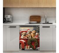 Mexpekil Adesivo decorativo per lavastoviglie con cani e camion rosso di Natale, 53 x 66 cm, adesivo decorativo per lavastoviglie per porta d'ingresso, impermeabile, pannello per elettrodomestici da