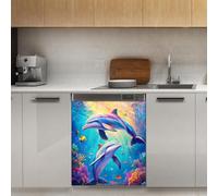 Mexpekil Adesivo decorativo per lavastoviglie con due delfini che nuotano, 53 x 66 cm, adesivo decorativo per lavastoviglie per porta d'ingresso, impermeabile, pannello magnetico per elettrodomestici