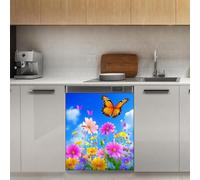 Mexpekil Adesivo decorativo per lavastoviglie con fiori colorati, farfalla e cielo, 53 x 66 cm, adesivo decorativo per lavastoviglie per porta d'ingresso, impermeabile, per pannello elettrodomestico
