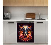 Mexpekil Adesivo decorativo per lavastoviglie con fiori e testa di mucca nera, 53 x 66 cm, adesivo decorativo per lavastoviglie per porta d'ingresso, impermeabile, per pannello elettrodomestico da