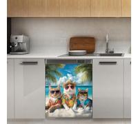 Mexpekil Adesivo decorativo per lavastoviglie con gatti sulla spiaggia con occhiali da sole, 53 x 66 cm, adesivo decorativo per lavastoviglie per porta d'ingresso, impermeabile, pannello magnetico per