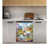 Mexpekil Adesivo decorativo per lavastoviglie con motivo castello di cavallo bianco, 53 x 66 cm, adesivo decorativo per lavastoviglie per porta d'ingresso, impermeabile, adesivo magnetico per pannello