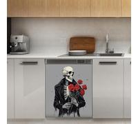 Mexpekil Adesivo decorativo per lavastoviglie con scheletro che tiene rose, 53 x 66 cm, adesivo decorativo per lavastoviglie per porta d'ingresso, impermeabile, pannello magnetico per elettrodomestici